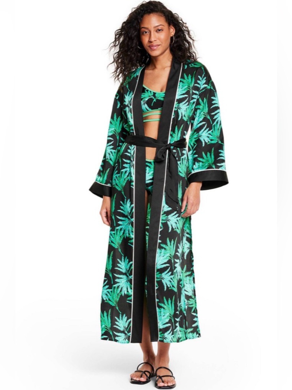 Fe Noel x Target Feathered Palm Print Cover Up Robe XXL Green Black Belted Maxi